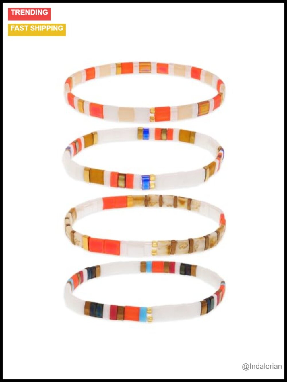 4Pc Glass Flat Beaded Stretch Bracelet Set Boho Stackable Women's Jewelry